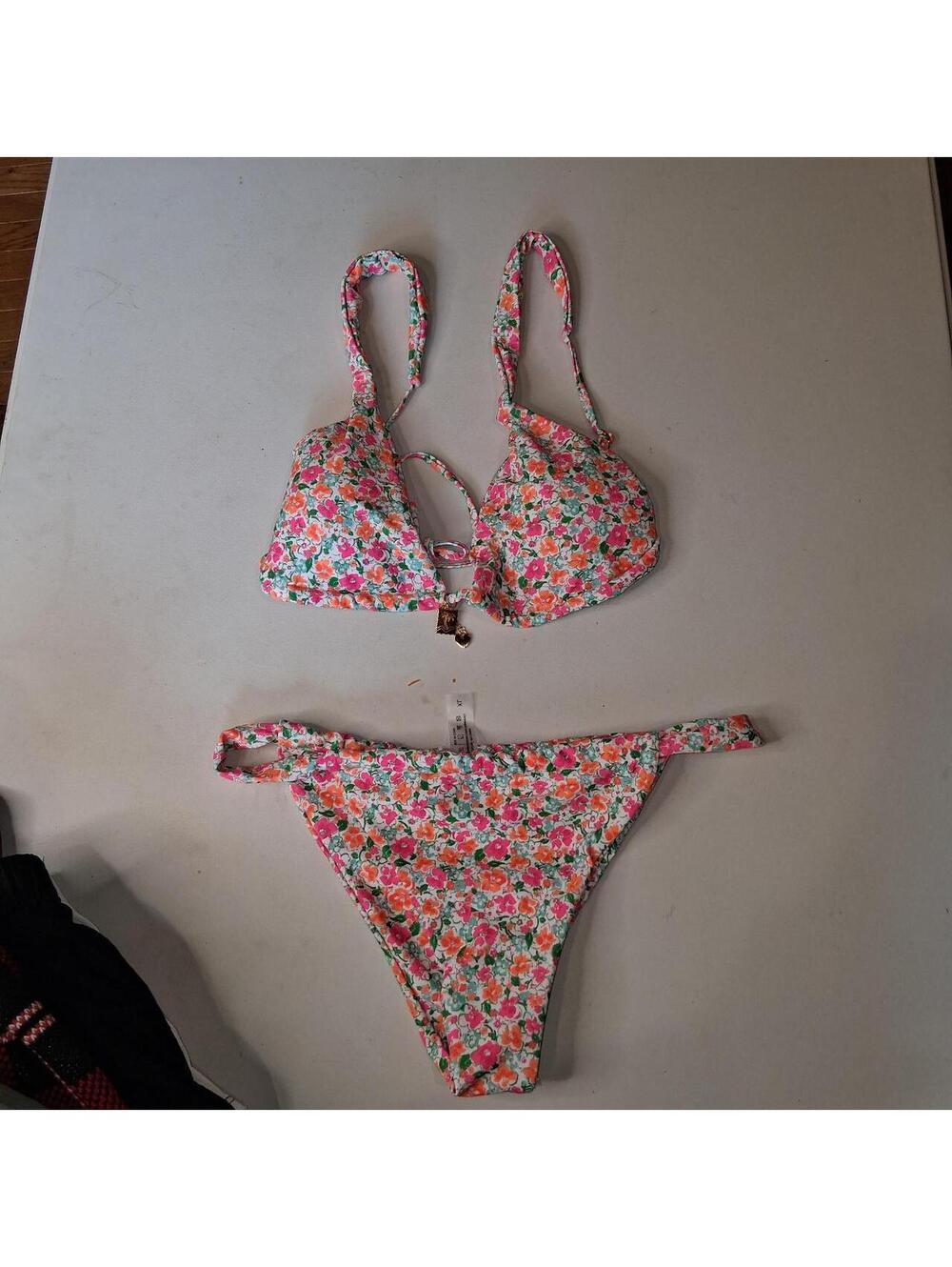 Y2K Floral Bikini Set with pink, orange, and green flowers. xl